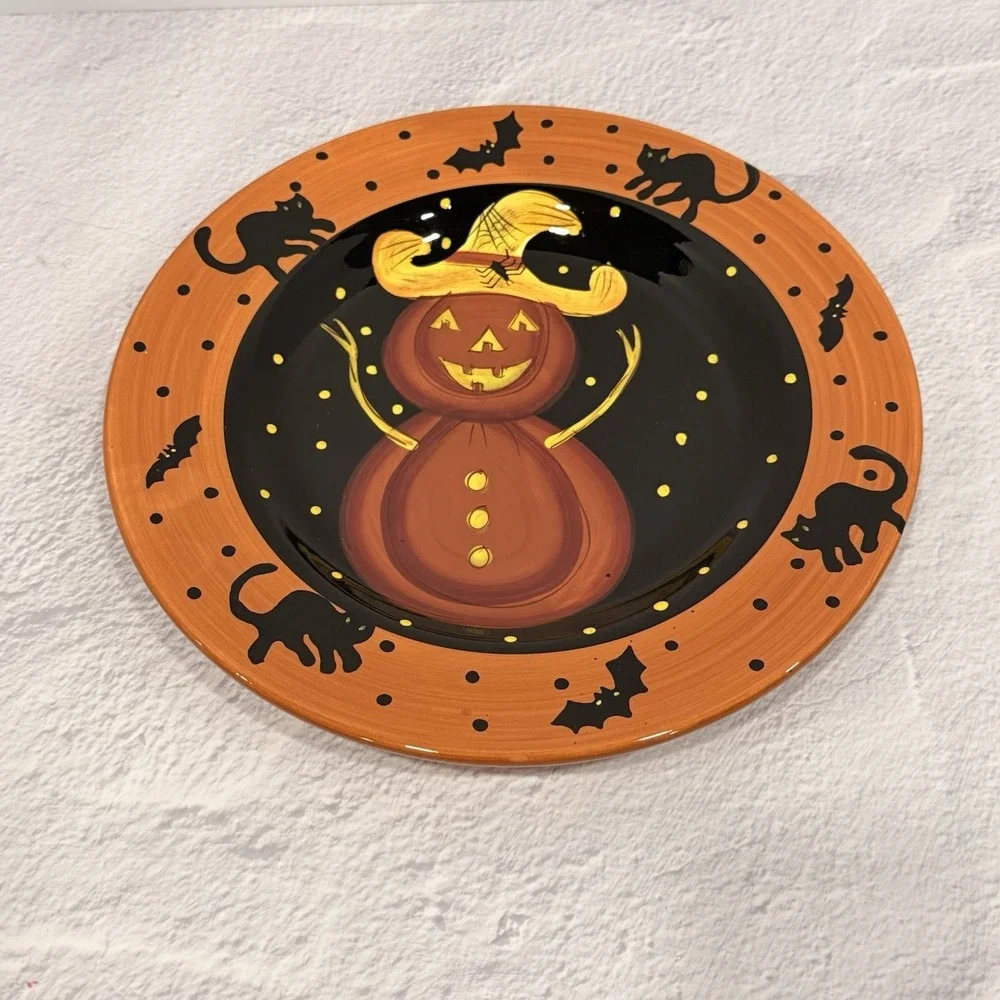 Laurie Gates Halloween Ware Ceramic Pumpkin Snowman Plate Fall Decor Cats Bats